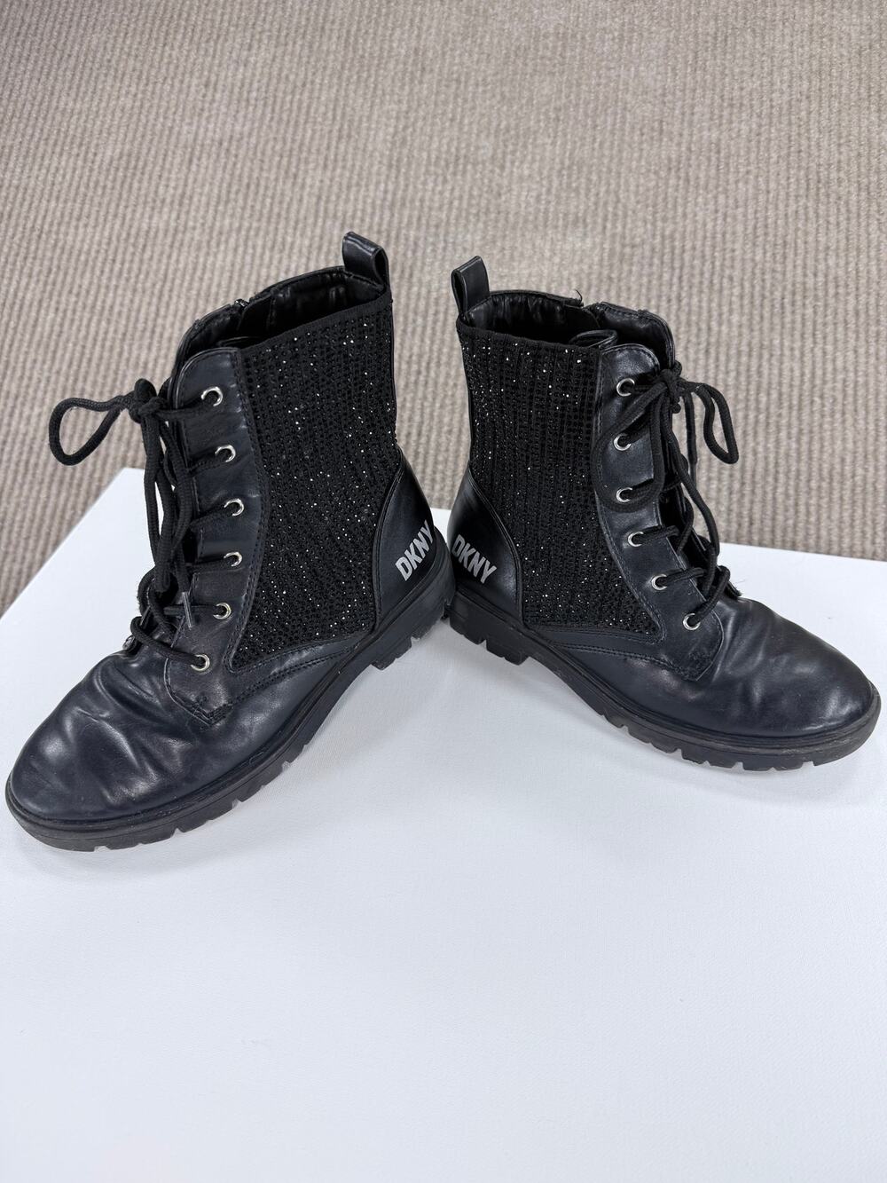 DKNY Girls Stassi Menia Black Crystal Knit Combat Boots Size 3 Youth